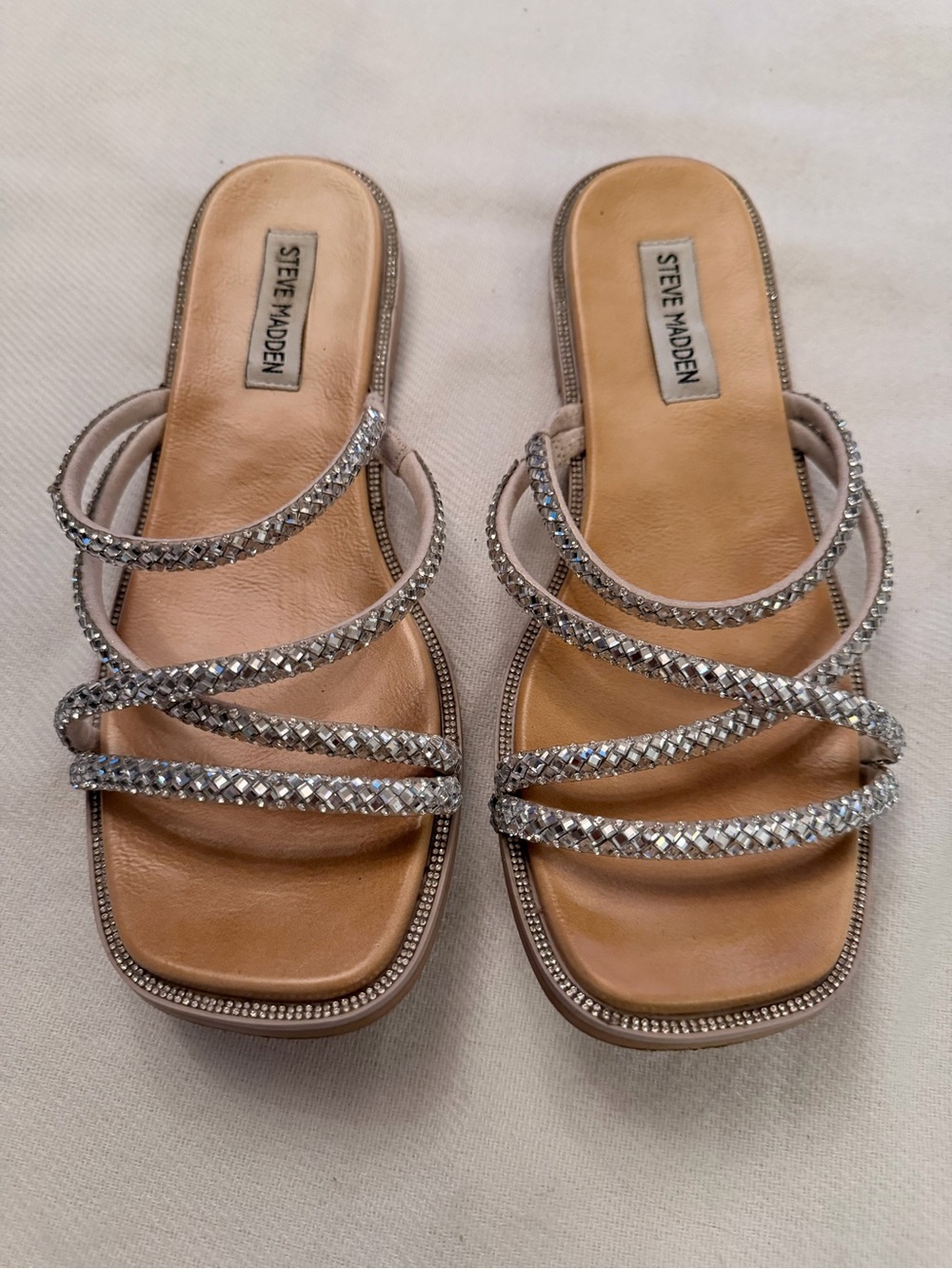 Steve Madden Beige Slide Sandals with Silver Rhinestone Straps